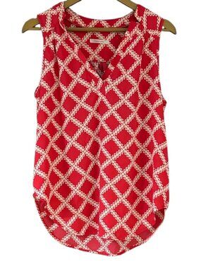 41 Hawthorn Red White Print Sleeveless Blouse V Neck Tunic Tank Top